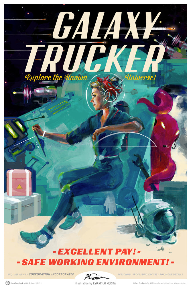 A unique image for the board game Galaxy Trucker, sold as part of BoardGameGeek's Artist Series prints. This image looks like a vintage recruitment poster, with a female figure driving a spaceship and a purple, blob-like alien holding a wrench behind her.