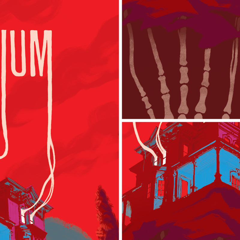 Three close-up examples from a unique image for the board game Mysterium, sold as part of BoardGameGeek's Artist Series prints. These three close-ups show smoke forming the letter "M", skeletal fingers, and part of a mansion. 