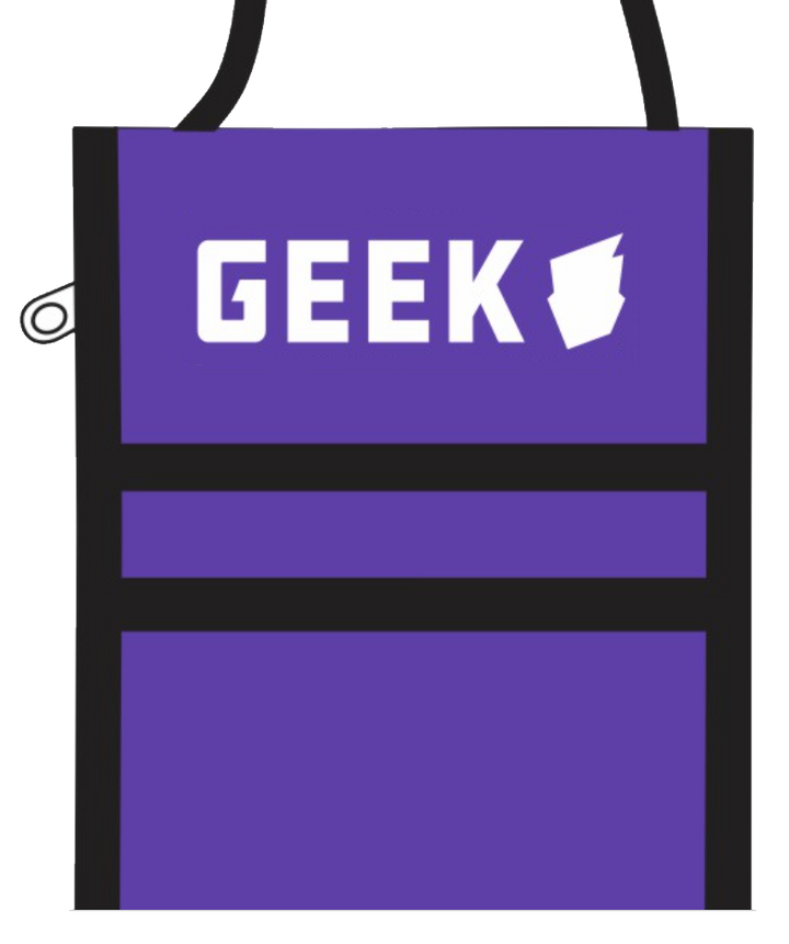 A computer render of a purple neck wallet with black trim. The top flap is closed down and printed with a logo and the word "GEEK" at the top.