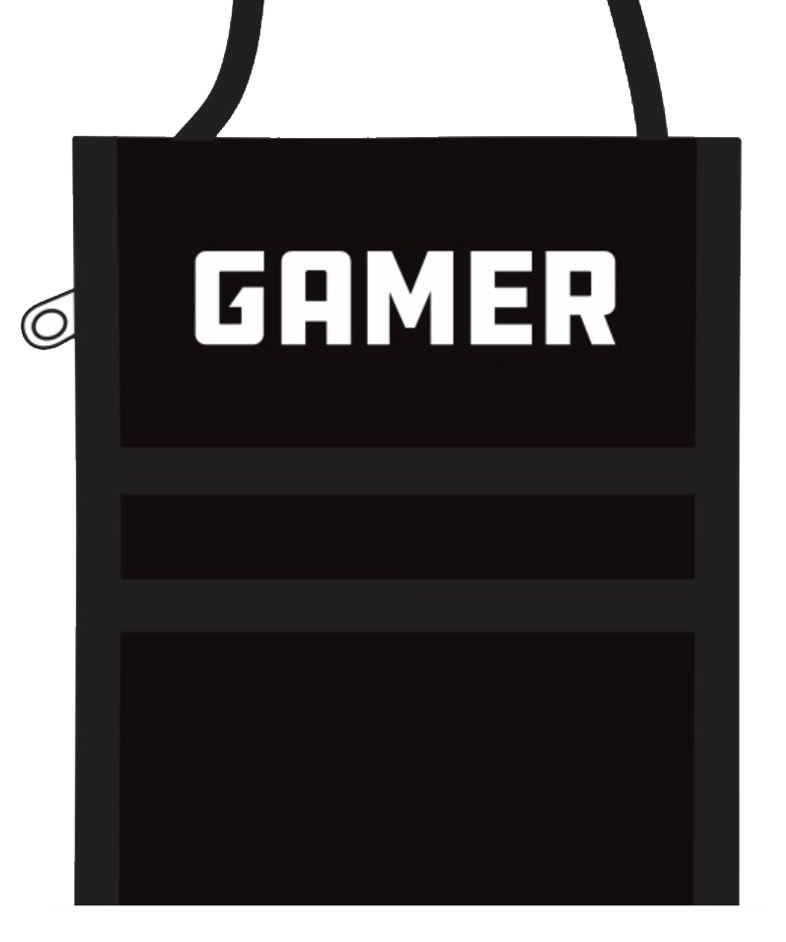 A computer render of a black neck wallet with black trim. The top flap is closed down and printed with the word "GAMER" at the top.