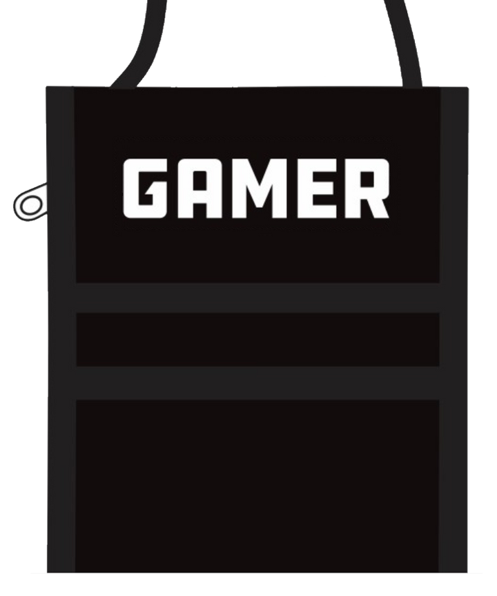 A computer render of a black neck wallet with black trim. The top flap is closed down and printed with the word "GAMER" at the top.