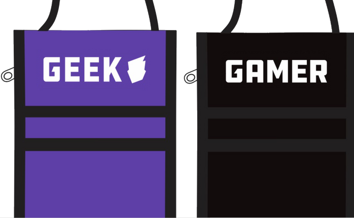 Side-by-side computer renders two neck wallets. The left wallet is purple with black time, displays multiple pockets, and the top flag is flipped down and shows a logo with the word "GEEK". The right wallet is black with black trim and the top flag is printed with the word "GAMER" at the top.