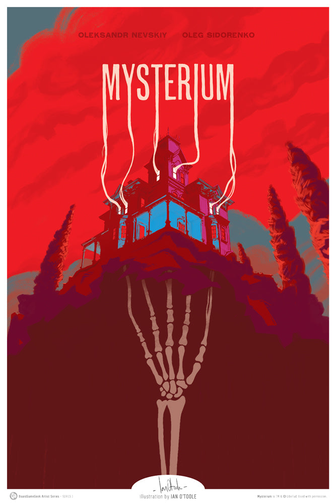 A unique image for the board game Mysterium, sold as part of BoardGameGeek's Artist Series prints. This image displays a skeletal hand merging from below into a mansion on a cliffside, and then emerging from the top of the mansion as smoke. The smoke then forms the letters "Mysterium".