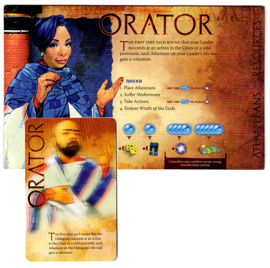 A composite image showing one side of the card and player board for the Orator promo for use with the board game Atlantis Rising. One side of the board shows a woman in blue and white robes on the left, text with the board's name, explanation, and symbols relavant to the game on the right side. The card shows an intentionally blurry image of a bearded man in blue and white robes, is labelled Orator on the left side, and has descriptive text about the card at the bottom. 