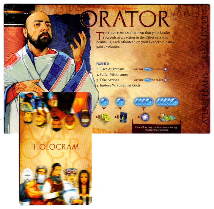 A composite image showing one side of the card and player board for the Orator promo for use with the board game Atlantis Rising. One side of the board shows a bearded man in blue and white robes on the left, text with the board's name, explanation, and symbols relavant to the game on the right side. The card shows an intentionally blurry image of people along the top and below, and is labelled "Hologram" in the middle.
