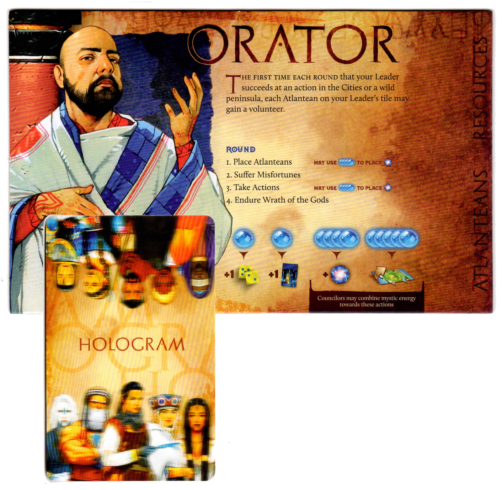 A composite image showing one side of the card and player board for the Orator promo for use with the board game Atlantis Rising. One side of the board shows a bearded man in blue and white robes on the left, text with the board's name, explanation, and symbols relavant to the game on the right side. The card shows an intentionally blurry image of people along the top and below, and is labelled "Hologram" in the middle.