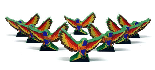 Eight identical, painted, wooden tokens of a rainbow lorikeet, for use with the board game Wingspan.