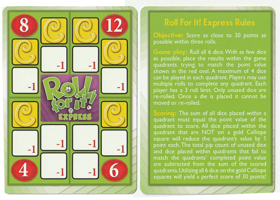 Roll for It Express: Game Boy Geek Version of the Solitaire Microgame for use with the board game Roll For It Express, sold at the BoardGameGeek Store