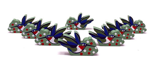 Eight identical, painted, wooden tokens of a hummingbird, for use with the board game Wingspan.