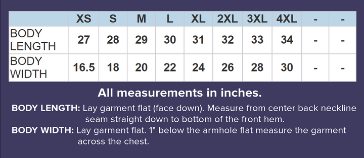 A sizing chart for t-shirts based on body length and body width measurements, with a description on how to obtain those two measurements on other clothes.