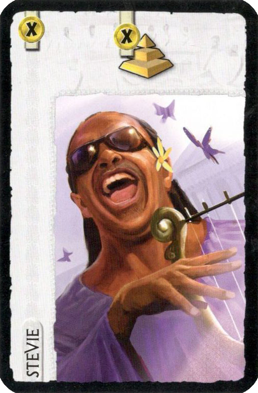 Promo card Stevie Wonder for the board game 7 Wonders depicting an Roman version of musician Stevie Wonder playing a lyre. The card is labelled "Stevie" in the lower left and shows the icons for the board game 7 Wonders along the top.