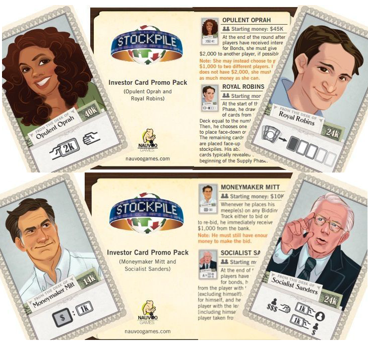 StockPile: Investor Card promo packs #1 & #2 for use with the board game S, Stockpile, sold at the BoardGameGeek Store