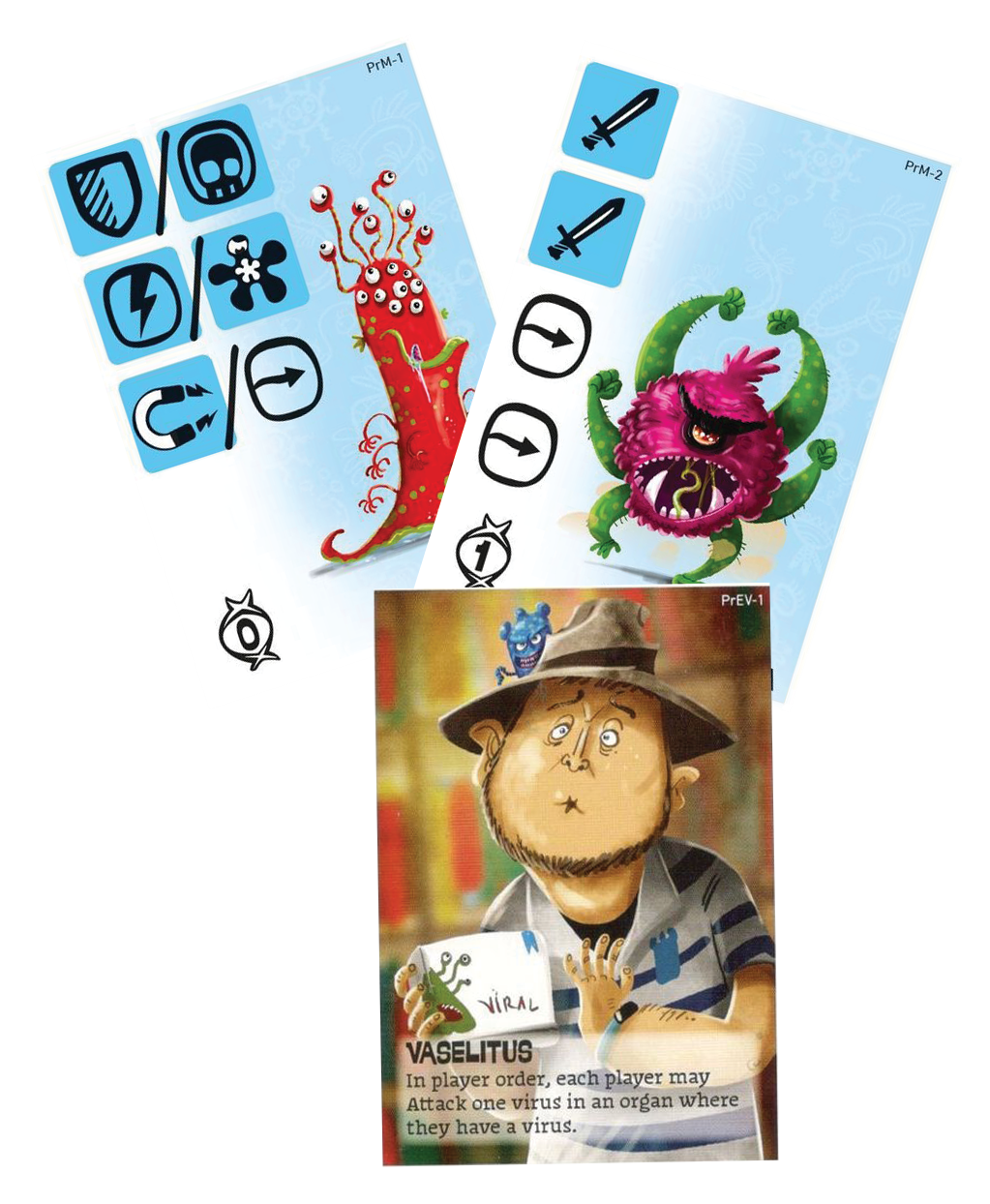 Viral: Con Mutation, Rampage Mutation, and Vaselitus Promo Cards for use with the board game V, Viral, sold at the BoardGameGeek Store