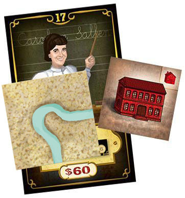 Carson City: Teacher, Town Hall, and River Tiles for use with the board game C, Carson City, sold at the BoardGameGeek Store