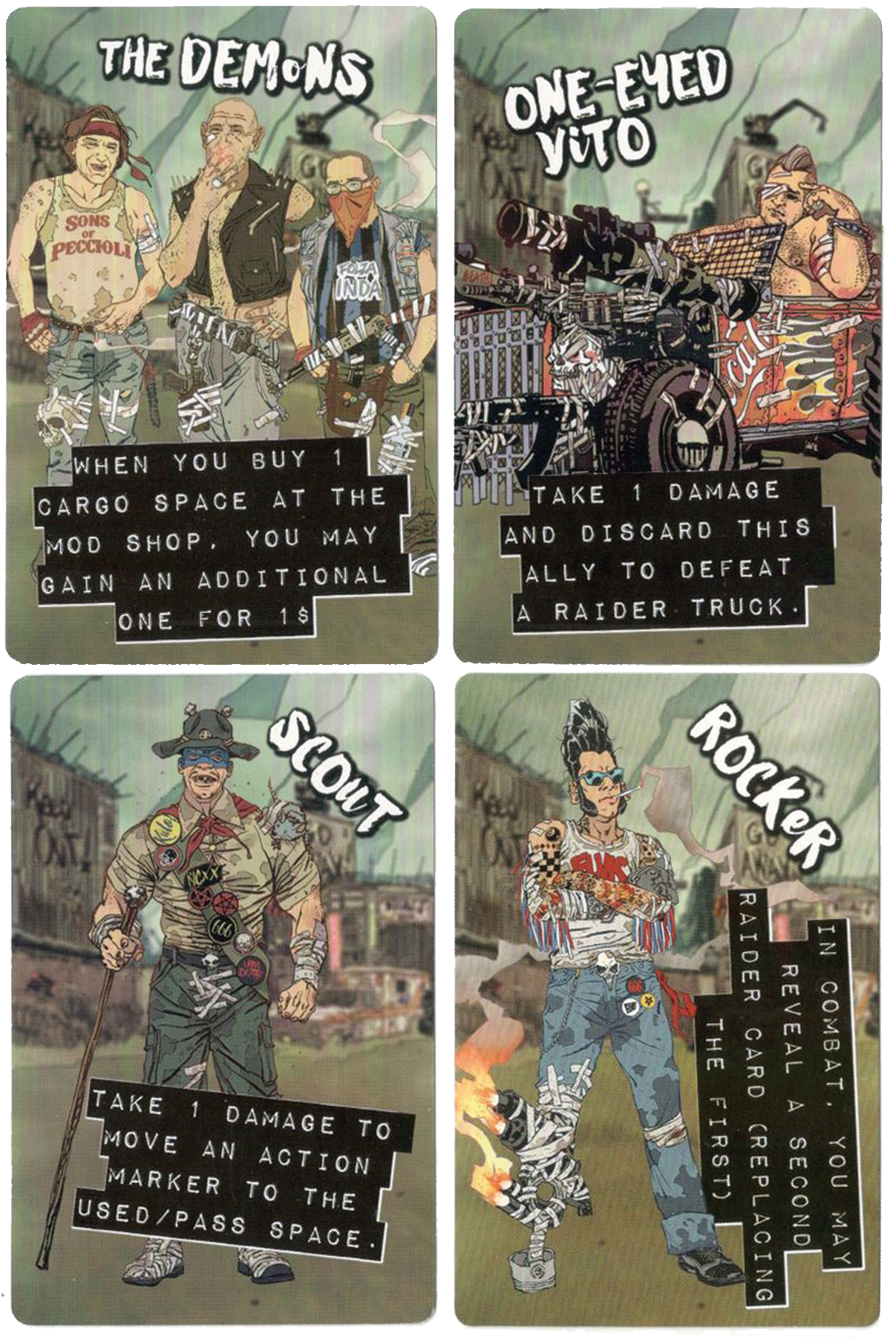 Wasteland Express Delivery Service: Rocker, Scout, One-Eyed Vito, The Demons for use with the board game W, Wasteland Express Delivery Service, sold at the BoardGameGeek Store