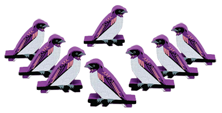 Eight identical, painted, wooden tokens of a violet backed starling, for use with the board game Wingspan.