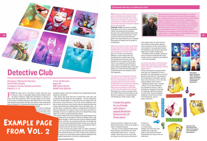Two sample pages from the book " The Board Game Book, Vol. 2", featuring an article about the board game "Detective Club", with a combination of text, titles, and close up photos of some of the game's components.