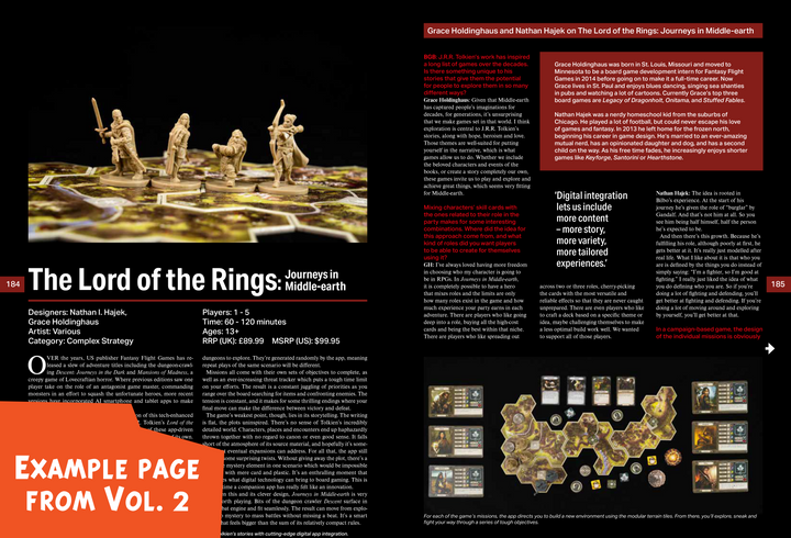Two sample pages from the book " The Board Game Book, Vol. 2", featuring an article about the board game "The Lord of the Rings: Journeys in Middle-Earth", with a combination of text, titles, and close up photos of some of the game's components.