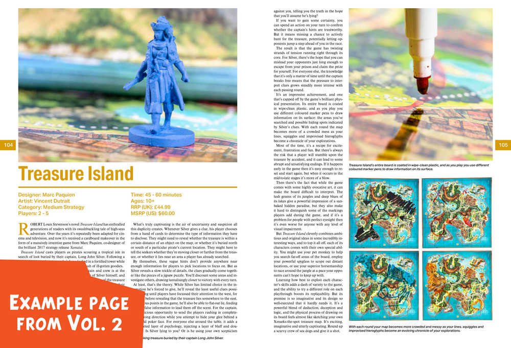 Two sample pages from the book " The Board Game Book, Vol. 2", featuring an article about the board game "Treasure Island", with a combination of text, titles, and close up photos of some of the game's components.