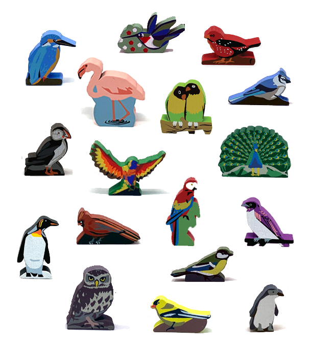 A composite image of 17 wooden, painted bird tokens, floating on a white background, for use with the board game Wingspan.