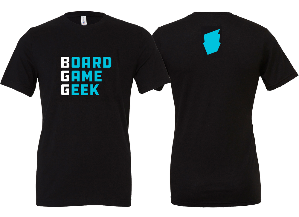A picture of the front and back of a black t-shirt. On the front, the shirt is printed with the words "BoardGameGeek", with "BGG" in white letters and the rest in aqua letters. On the back, the BoardGameGeek logo is pictured in aqua on the upper center on the shirt.