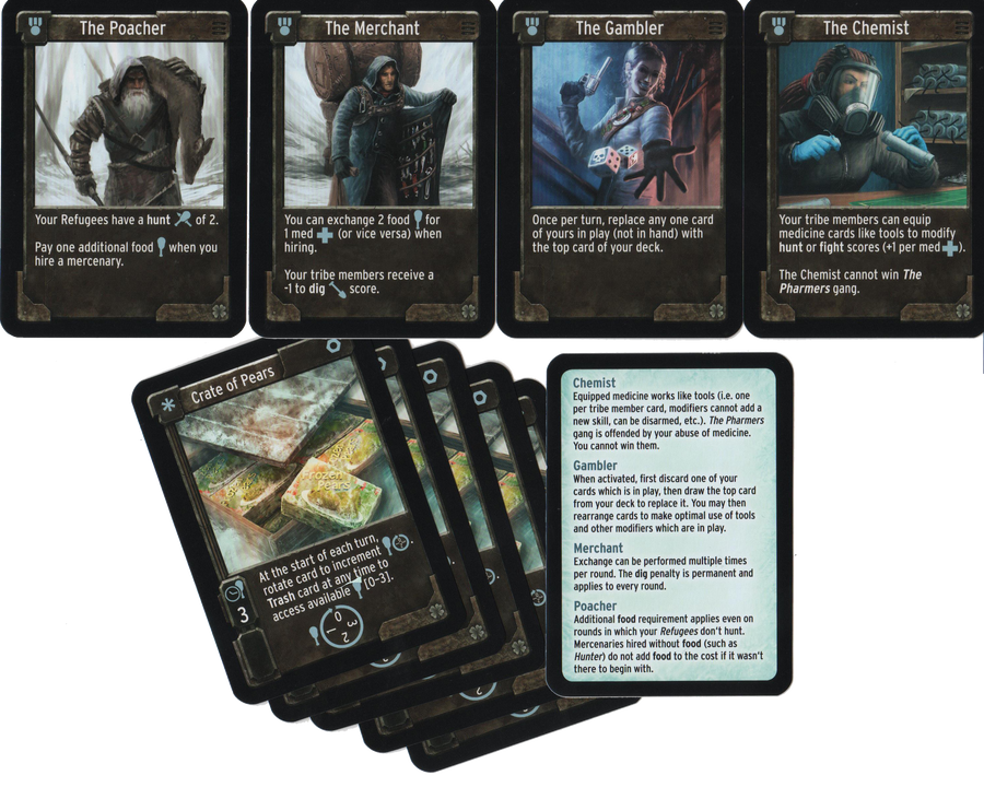 A composite image of the 10 card Tribal Leaders Promo Pack, for use with the board game Arctic Scavengers. Four cards along the top are unique and depict a single image of a person and a description of their ability in the game below. Five identical cards are fanned together, display a picture of boxes of fruit, and a text description of the card's effect in the game at the bottom. The final card is text only and is an instruction sheet for the promo pack.