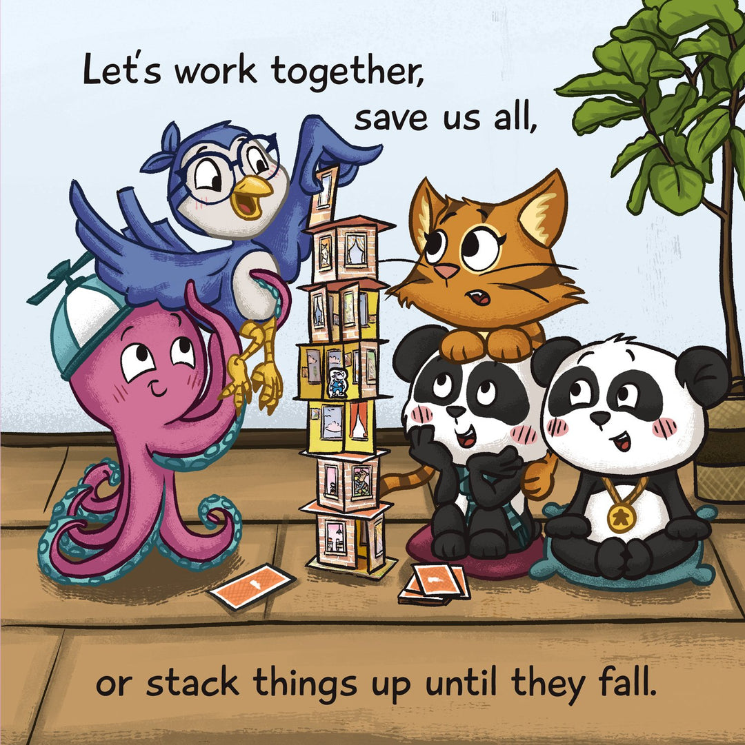A sample page from the children's book "Board Game Day!", displaying five animals: an octopus, a bird, a cat, and two pandas, as they play a board game together play stacking cards into a tower.