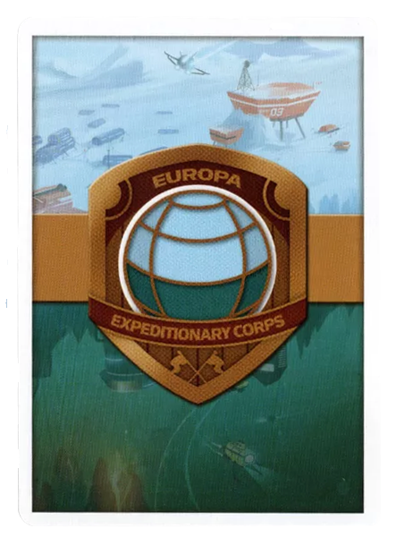 The back of the Deize D'Ice Tower Promo card, for use with the board game The Artemis Project, which shows a snowy scene with a boat and supplies at the top, an underwater scene with a structure and a small submersible at the bottom, and a stylized global logo in the middle that is labelled "Europa Expeditionary Corps".