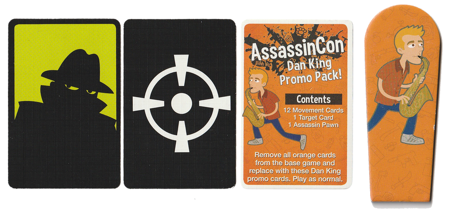 A composite image of the four pieces included in the Dan King Promo Pack, for use with the board game AssassinCon. One card displays a silhouette of a sneaky person, the second card shows a white target on a black background, the third card is the instruction and overview card that describes the contents of the promo, and the fourth is a cardboard token displaying a Caucasian man playing a saxaphone.