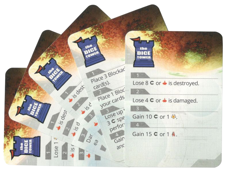 A fan of five cards for use with the board game Alien Artifacts. These cards feature The Dice Tower logo on the top and text that describes the cards' effects in the game on the bottom.