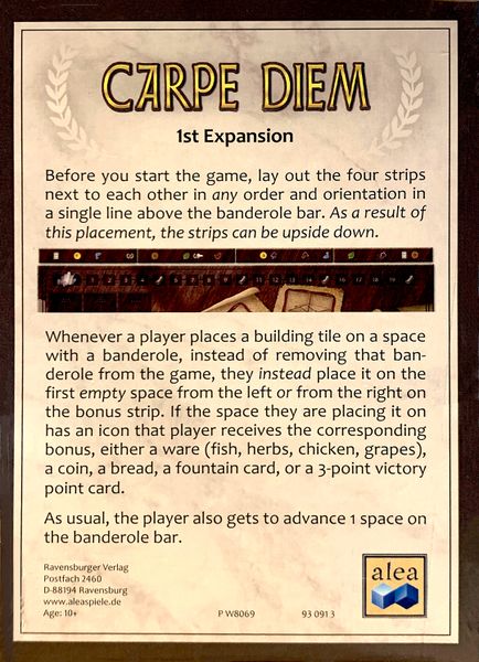 Carpe Diem: 1st Expansion (2019) for use with the board game C, Carpe Diem, sold at the BoardGameGeek Store