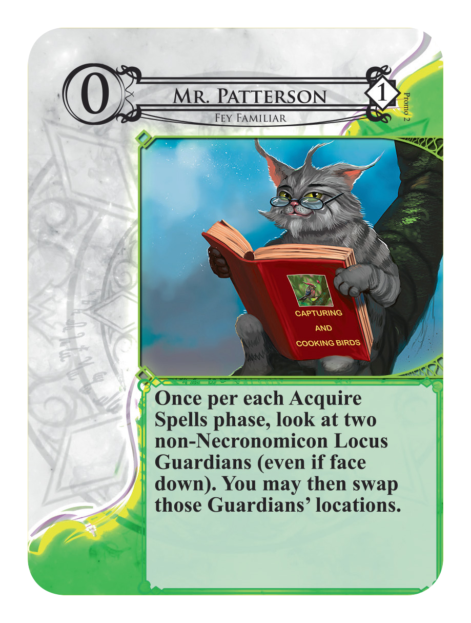 The promo card "Mr. Patterson" for use with the board game Approaching Dawn: The Witching Hour, depicting a bespeckled gray tabby cat reading a book called "Capturing and Cooking Birds". The text describing the card's effect in the game is printed along the bottom half of the card.