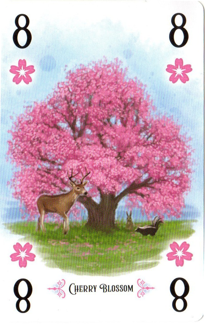 A single card for use with the board game Arboretum, depicting a pink flowering cherry tree, a deer buck, and a skunk, and is labelled "Cherry Blossom" and the number 8.