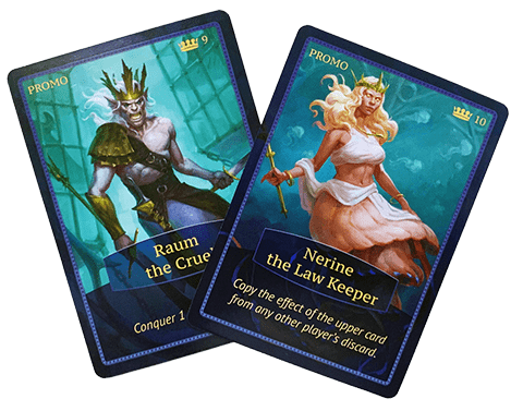 Two promo cards for use with the board game Aquatica. One is titled "Raun the Cruel" and features a merman with armor and a sword. The second is titled "Nerine the Law Keeper" and shows a merwoman with white robes and a jellyfish bottom half.