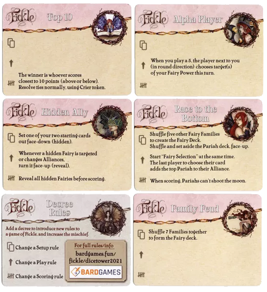 Fickle: Decree Rules Promo Cards for use with the board game F, Fickle, sold at the BoardGameGeek Store
