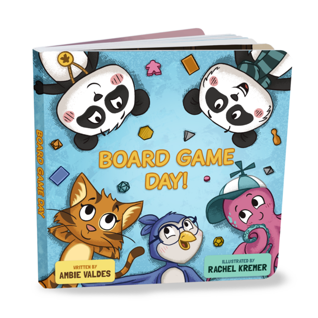 The cover illustration to the children's book "Board Game Day!", featuring cartoon illustration of pandas, a cat, a bird, and an octopus around the edge of the image with a variety of board game components scattered around.