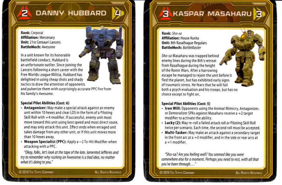 One side of the Kaspar Masaharu and Danny Hubbard promo cards for use with the board game Battletech. Each card has a small picture of a robot suit and a text description of the character and the card's effect in the game.
