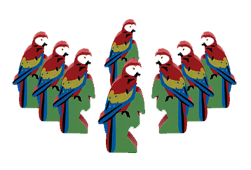 Eight identical, painted, wooden tokens of a scarlet macaw, for use with the board game Wingspan.