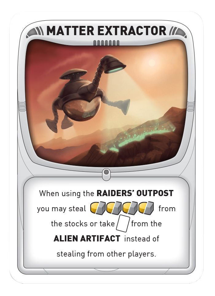 A card with the title Matter Extractor for use with the board game Alien Frontiers. This card pictures a multi-armed spaceship floating in air and scanning a patch of rock with a sensor on the top half of the card, and the text that describes the card's effect in the game on the bottom half.