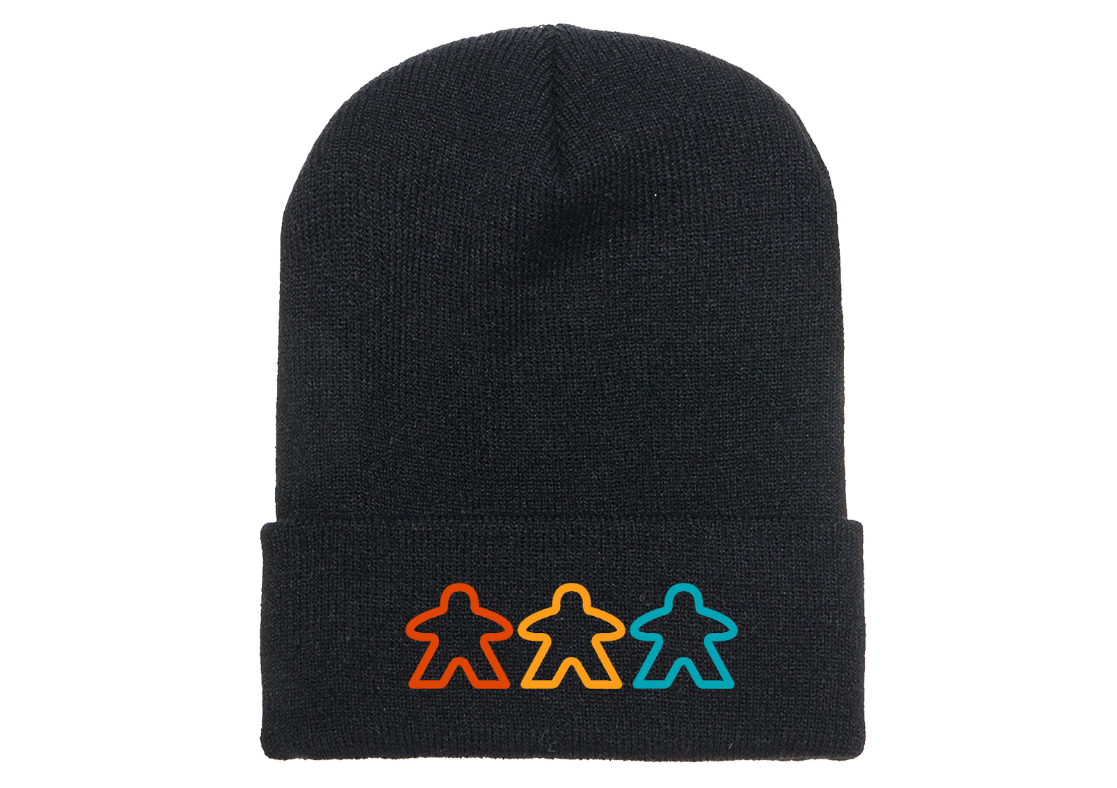 A photo of a black knit skicap, with an embroidered decoration of three, outlined meeples in various colors at the bottom. 