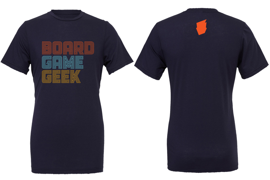 The front and back of a dark navy t-shirt. The front has the words BoardGameGeek in the center front, written in three different colors, and the letter shaped are created with individual lines. The back shows an orange logo in the upper center between the shoulder blades.