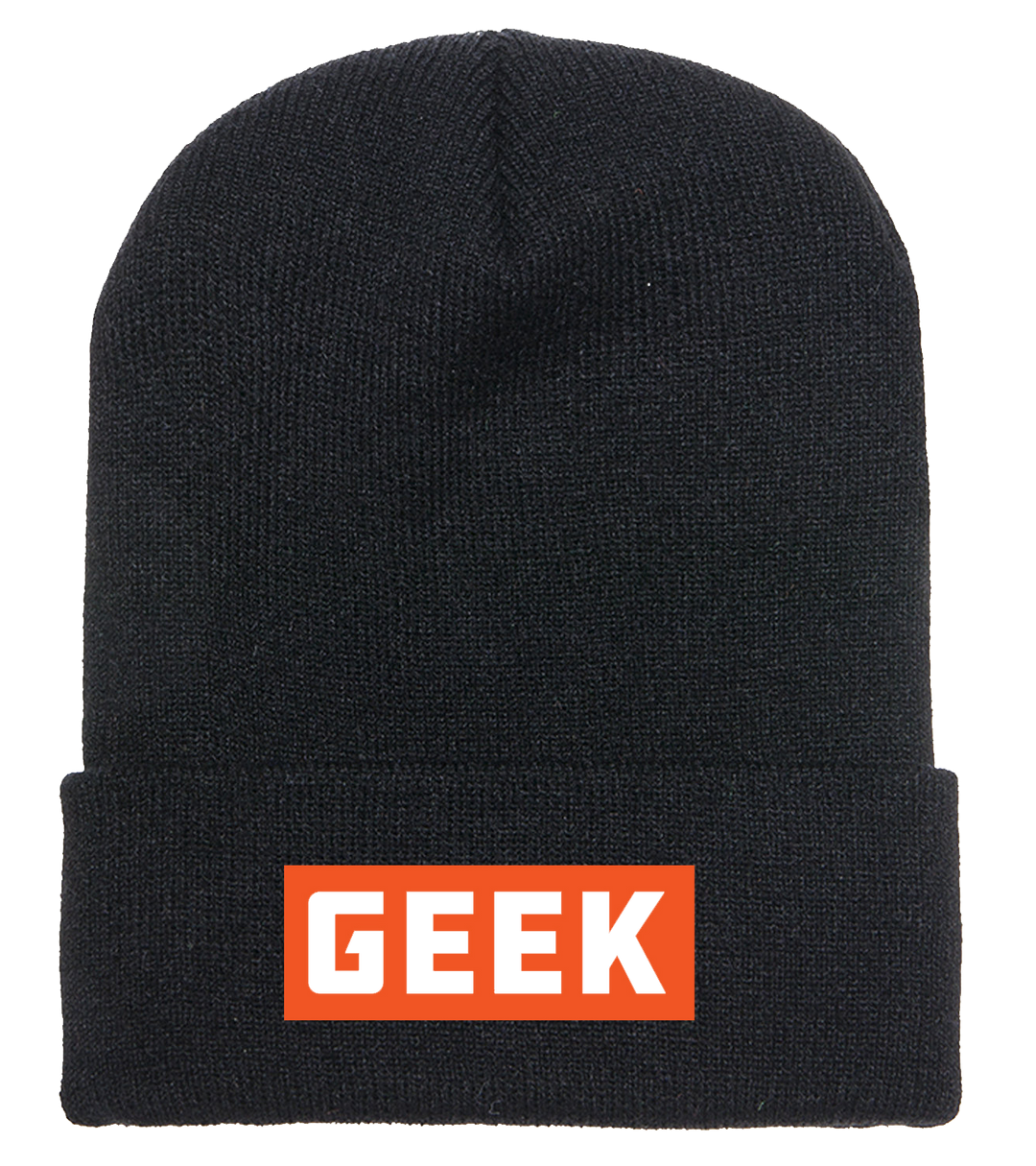 A photo of a black, knit ski cap with a orange embroidered label that contains the word GEEK stitched in white. 