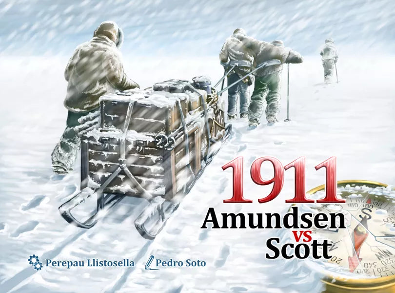Cover image of the game box of the board game 1911: Amundsen vs. Scott, featuring an Illustration of men pulling a sled in heavy snow