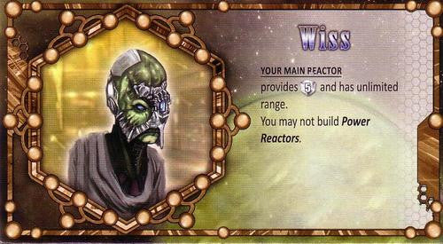 A single card titled "Wiss" for use with the board game Among the Stars, depicting a green-faced alien with machinery over one eye and its jaw on the left side of the card, and the text that describes the card's effect in the game on the right side.