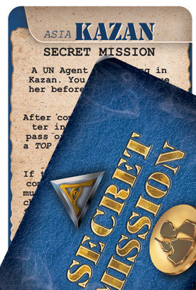 A partially covered card for use with the board game Agents of SMERSH, obscured by a card back that says "Secret Mission"