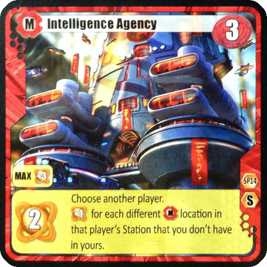A single card titled "Intelligence Agency" for use with the board game Among the Stars, depicting a futuristic silver and red building and the text describing the card's effect in the game along the bottom.