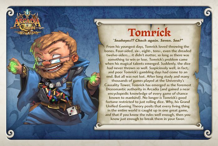 An accompanying character card for the Tomrick miniature figurine for use with the board game Arcadia Quest. This card depicts a cartoon version of the miniature on the left, a bearded man in long robes, and a character description of Tomrick on the right.