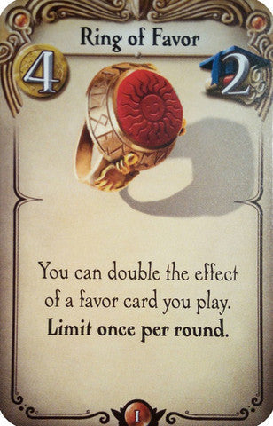 The promo card Ring of Favor for use with the board game Alchemists. The card shows an illustration of a red and gold seal ring on the top half and the text defining the card's effects in the game on the bottom half.