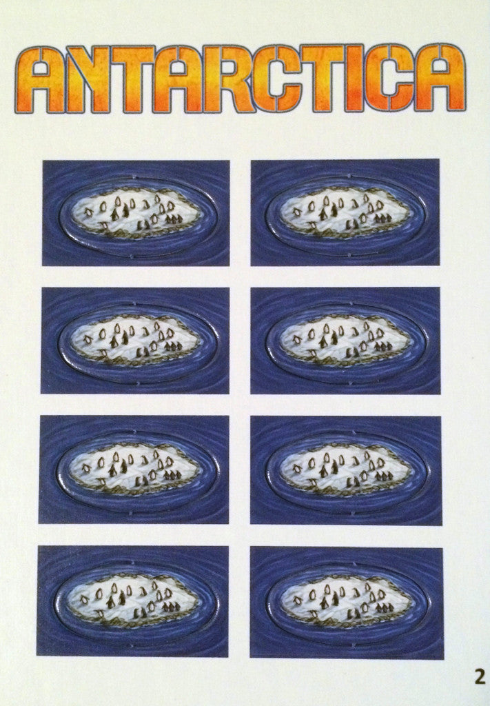 The Penguin expansion promo for use with the board game Antarctica, featuring eight, identical pictures of a flat iceberg with penguins relaxing on top.