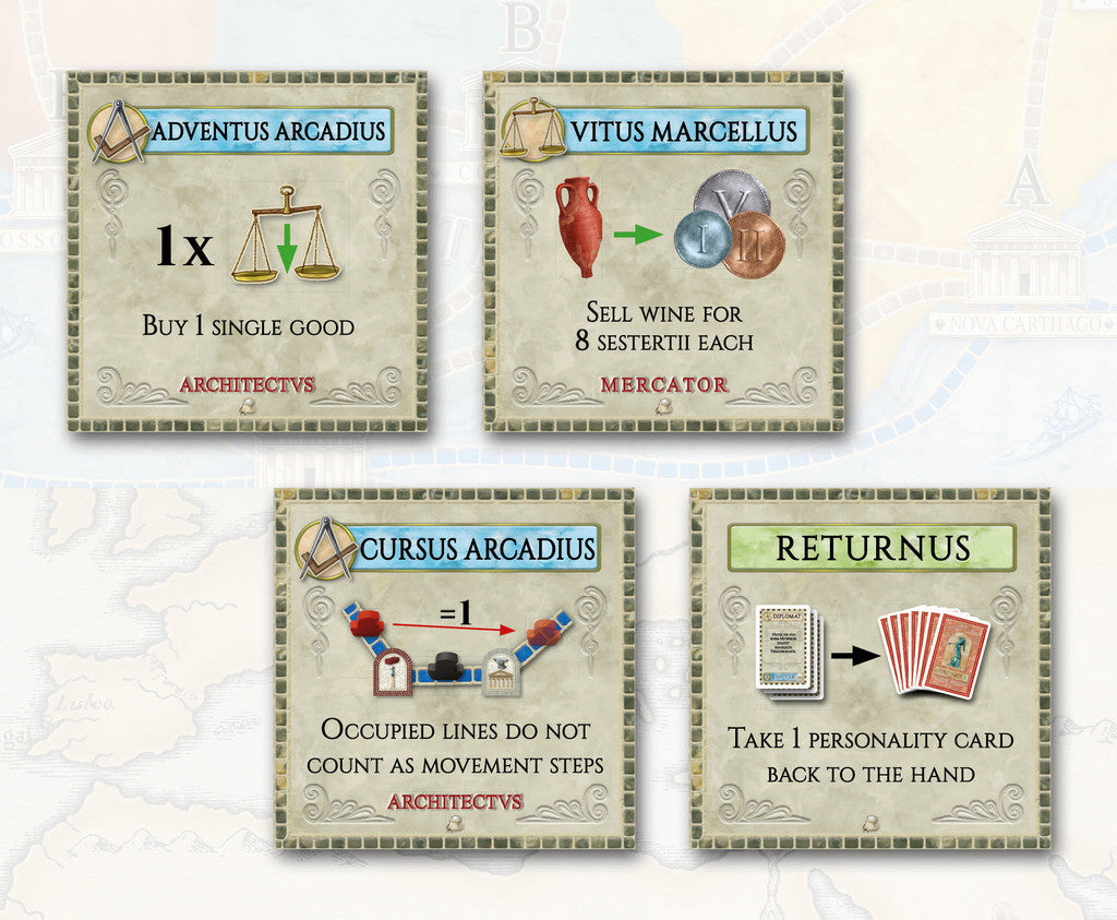 Concordia: 8 Forum Cards & Navegador: Privilege Cards for use with the board game C, Concordia, N, Navegador, sold at the BoardGameGeek Store